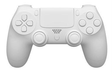 Beyaz tek renkli arka planda gerçekçi video oyunu joystick 'i. Bulut oyunu ya da şampiyon ve kazanan ödülleri konsepti için 3B yayın ekipmanı