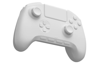 Beyaz tek renkli arka planda gerçekçi video oyunu joystick 'i. Bulut oyunu ya da şampiyon ve kazanan ödülleri konsepti için 3B yayın ekipmanı