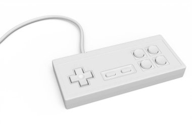 Monokrom beyaz arka planda eski bilgisayar oyun kumandası joystick. Eski dikdörtgen oyun alanı 3d canlandırma kavramı.