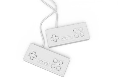Retro bilgisayar oyun kontrolörleri, beyaz arka planda joystick. Eski dikdörtgen oyun alanı 3d canlandırma kavramı.