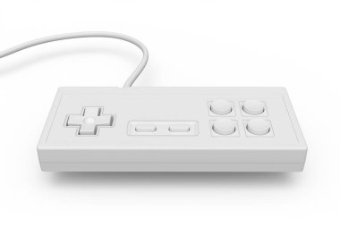 Monokrom beyaz arka planda eski bilgisayar oyun kumandası joystick. Eski dikdörtgen oyun alanı 3d canlandırma kavramı.
