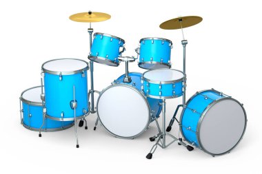 Beyaz arka planda metal zilleri olan gerçekçi davullar. 3D render müzik perküsyon enstrümanı, davul makinesi ve bateri seti