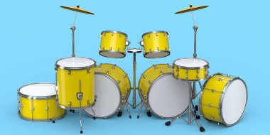 Mavi arka planda metal zilleri olan gerçekçi davullar. 3D render müzik perküsyon enstrümanı, davul makinesi ve bateri seti