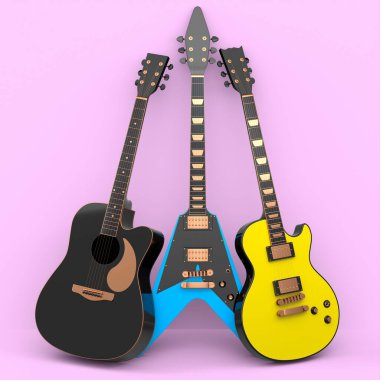 Pembe arka planda izole edilmiş elektro akustik gitar seti. Müzik dükkanı için heavy metal gitarlı 3D rock festivali posteri.