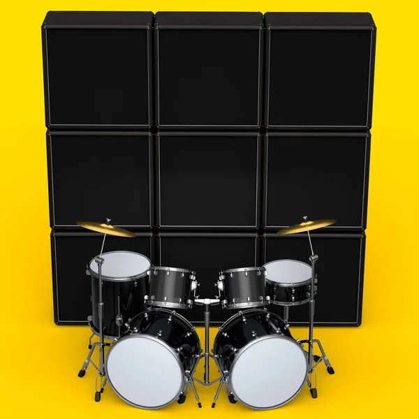 Set of realistic drums with metal cymbals or drumset and amplifier on yellow background. 3d render concept of musical percussion instrument, drum machine and drumset