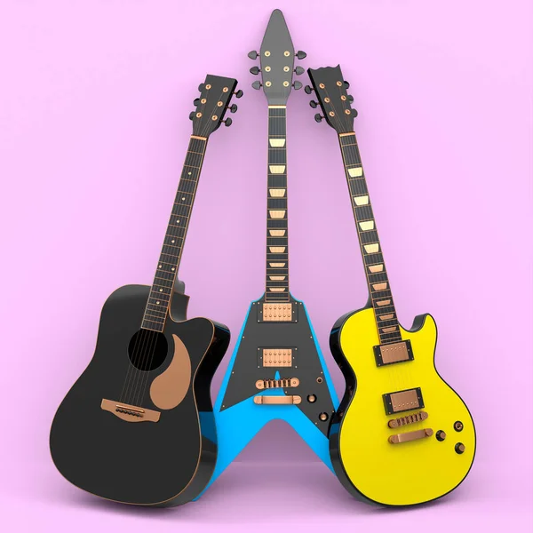 Set of electric acoustic guitar isolated on pinkbackground. 3d render of concept for rock festival poster with heavy metal guitar for music shop