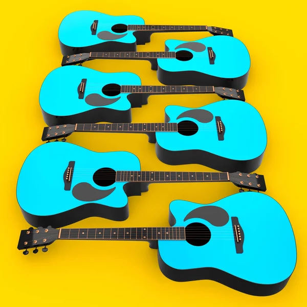 一套在黄色背景上隔离的电声吉他 音乐商店用重金属吉他摇滚音乐节海报的3D渲染概念 — 图库照片