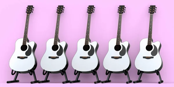 Sada Akustické Kytary Izolované Růžovém Pozadí Vykreslení Konceptu Pro Plakát — Stock fotografie