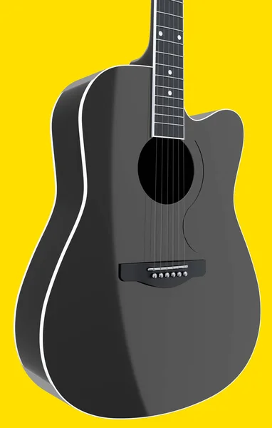 Close-up of acoustic guitar isolated on yellow background. 3d render of concept for rock festival poster with spanish guitar for music shop