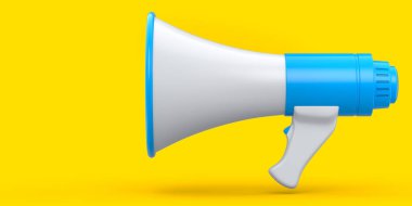 Sarı arka planda megafon izole edilmiş. 3D alışveriş ve reklam fikri, işe alım kavramı