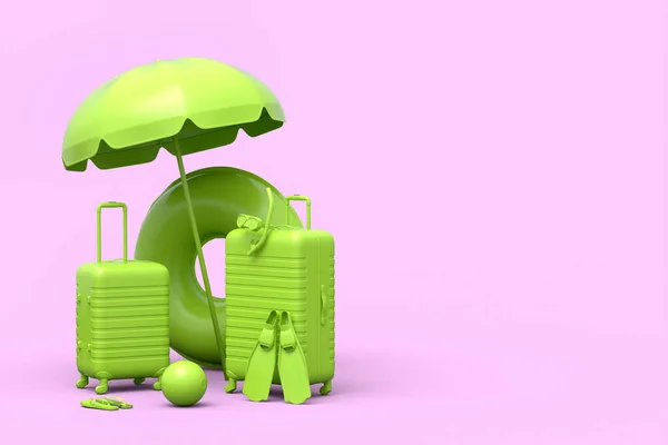 モノクロピンクの背景にビーチ傘とインフレータブルリング付きスーツケース 夏休みのコンセプトと休日の3Dレンダリング — ストック写真