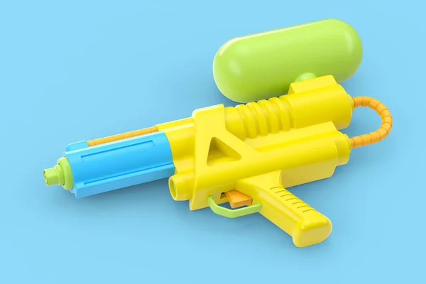 青い背景に隔離されたスイミングプールで遊んだり水をやるためのプラスチック製の水銃のおもちゃ 3Dレンダリング家族の娯楽コンセプトとビーチアクティビティ — ストック写真