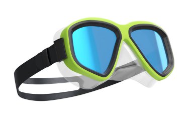 Yeşil dalış maskesi beyaz arka planda izole edilmiş. 3D dalış ve şnorkelle yüzme ekipmanı