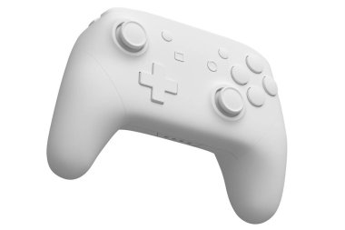 Beyaz tek renkli arka planda gerçekçi video oyunu joystick 'i. Bulut oyunu ya da şampiyon ve kazanan ödülleri konsepti için 3B yayın ekipmanı