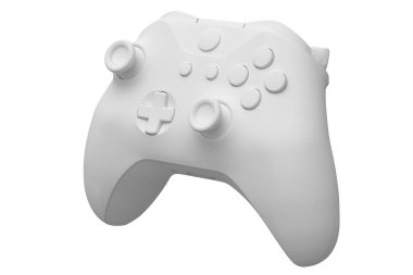 Beyaz tek renkli arka planda gerçekçi video oyunu joystick 'i. Bulut oyunu ya da şampiyon ve kazanan ödülleri konsepti için 3B yayın ekipmanı