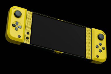 Siyah arka planda cep telefonuna bağlı gerçekçi video oyun kontrolörleri. Çevrimiçi oyun için akıllı telefon için 3B oyun alanı oluşturma