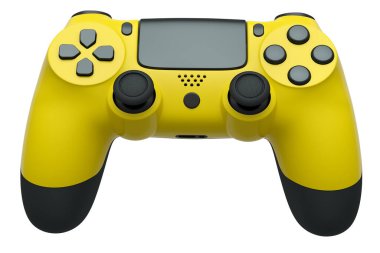 Beyaz arka planda gerçekçi sarı video oyunu joystick 'i. Bulut oyunu ve oyun alanı çalışma alanı konsepti için 3 boyutlu görüntüleme