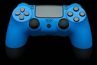Siyah arka planda video oyunu kontrolörü için gerçekçi mavi joystick. Bulut oyunu ve oyun alanı çalışma alanı konsepti için 3 boyutlu görüntüleme