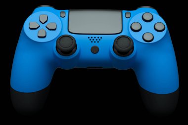 Siyah arka planda video oyunu kontrolörü için gerçekçi mavi joystick. Bulut oyunu ve oyun alanı çalışma alanı konsepti için 3 boyutlu görüntüleme