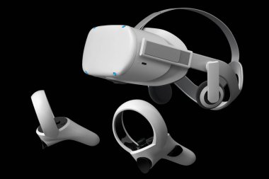 Sanal gerçeklik gözlükleri ve çevrimiçi ve siyah arka plandaki bulut oyunları için kontrolörler. Artırılmış gerçeklikte sanal tasarım için 3B görüntüleme aygıtı veya VR içindeki sanal oyun