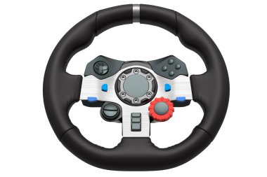 Beyaz arka planda izole edilmiş gerçekçi deri direksiyon. Bulut oyun ve yarış ya da oyun alanı konsepti için 3 boyutlu yayın donanımı