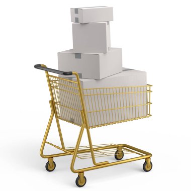 Alışveriş arabası ya da market arabası beyaz arka planda. 3D satış, indirim, alışveriş ve teslimat konsepti, paket ve çevrimiçi alışveriş