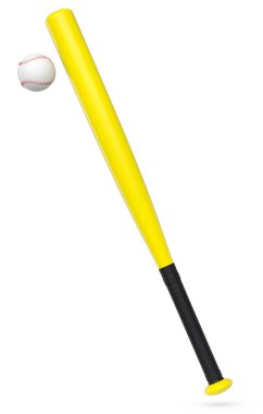 Sarı kauçuk profesyonel softball ya da beyaz arka planda izole edilmiş beyzbol sopası ve top. Takım oyunları için 3 boyutlu spor aksesuarları hazırlama