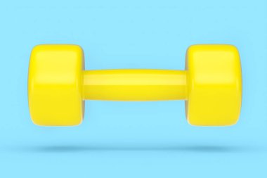 Kauçuk sarısı dambıl mavi arka planda izole edilmiş. Spor malzemelerinin fitness ve powerlift için 3D yorumlaması