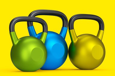 Spor için sarı arka planda izole edilmiş bir spor salonu kettlebell seti. Spor malzemelerinin fitness ve powerlift için 3D yorumlaması