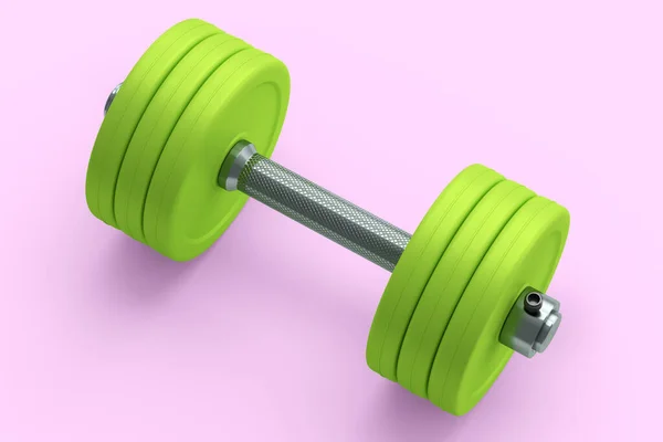 Metal Dumbbell Green Disks Isolated Pink Background Rendering Sport Equipment — Stock Photo, Image