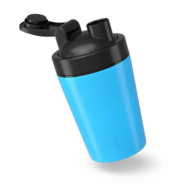 用于蛋白质饮料的蓝色塑料运动振动器 在白色背景下分离 运动食品鸡尾酒容器三维渲染 — 图库照片