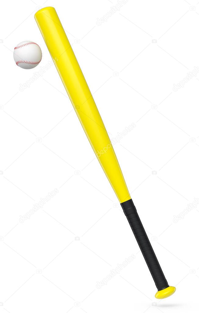 Yellow rubber professional softball or baseball bat and ball isolated on white background. 3d rendering of sport accessories for team playing games