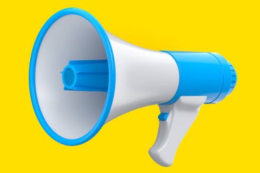 Sarı arka planda megafon izole edilmiş. 3D alışveriş ve reklam fikri, işe alım kavramı