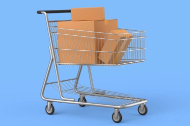 Alışveriş arabası ya da alışveriş arabası mavi arka planda. 3D satış, indirim, alışveriş ve teslimat konsepti, paket ve çevrimiçi alışveriş