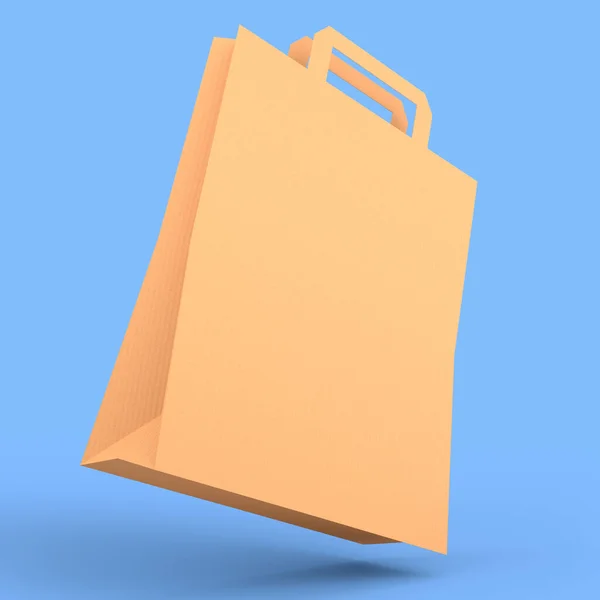 Folded kraft paper bag with handle isolated on blue background. 3d render concept of online shopping and gift boxing
