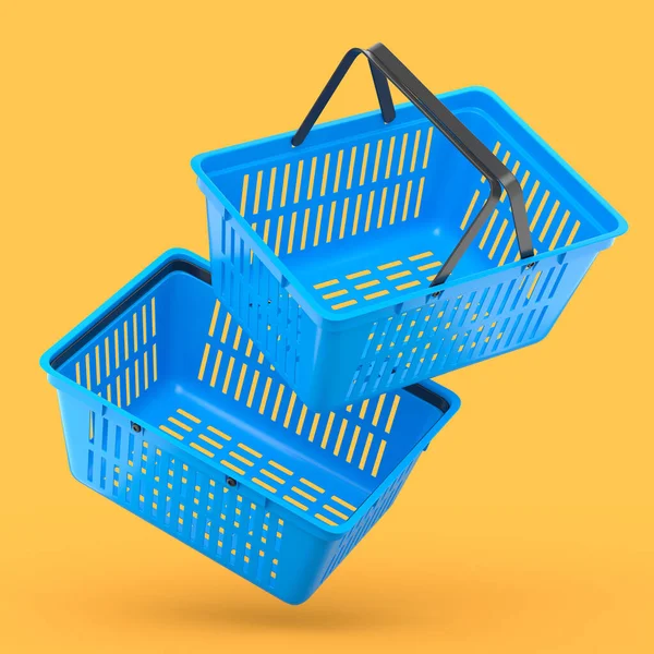 Набір Пластикових Кошиків Супермаркету Жовтому Тлі Концепція Рендерингу Онлайн Покупки — стокове фото