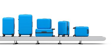 Havaalanı bagaj taşıma bandı, üretim hattı ya da bavulları beyaz arka planda olan bagaj teslim alanı. Seyahat tatil konseptinin 3D sunucusu.