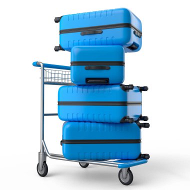 Beyaz arka planda bagaj taşımak için otel vagonunda normal polikarbonat bavulu. 3D seyahat konsepti. Tatil ve bagaj taşımacılığı.