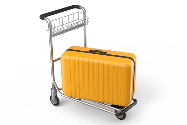酒店推车上的普通聚碳酸酯行李箱 用于白色背景的行李运输 将酒店服务的旅游概念转化为度假及行李运输 — 图库照片