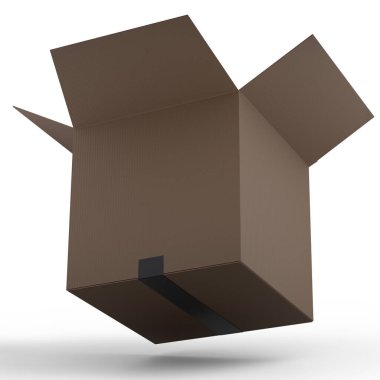 Beyaz arka planda izole edilmiş karton kutu ya da karton hediye kutusu. 3D ekspres teslimat kavramı depo, paket taşımak ve çevrimiçi alışveriş