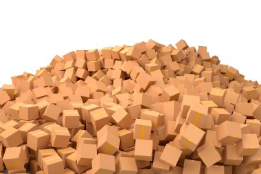 Beyaz arka planda izole edilmiş bir yığın karton kutu ya da hediye kutusu. 3D ekspres teslimat kavramı depo, paket taşımak ve çevrimiçi alışveriş