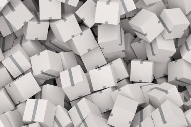 Beyaz arka planda izole edilmiş bir yığın karton kutu ya da hediye kutusu. 3D ekspres teslimat kavramı depo, paket taşımak ve çevrimiçi alışveriş