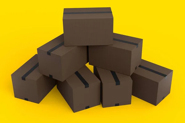黄色の背景に隔離された段ボール箱またはカートンギフトボックスのセット 倉庫へのエクスプレス配送 小包とオンラインショッピングの3Dレンダリングコンセプト — ストック写真