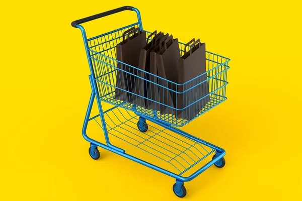 Shopping Cart Trolley Shopping Bag Yellow Background Render Concept Sale — Stock Photo, Image