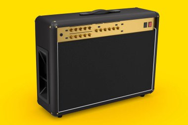 Klasik elektrik ve akustik gitar amplifikatörü sarı arka planda izole edildi. Stüdyo veya prova odasında bas gitar kaydetmek için 3D yükseltici
