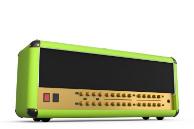 Beyaz zemin üzerinde klasik elektrik ve akustik gitar amplifikatörü izole edildi. Stüdyo veya prova odasında bas gitar kaydetmek için 3D yükseltici