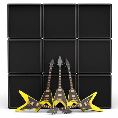Beyaz arka planda elektrikli akustik gitar ve yükseltici seti. Müzik dükkanı için heavy metal gitarlı 3D rock festivali posteri.