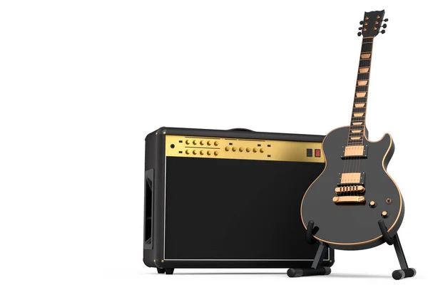Classical amplifier with electric or acoustic guitar on stand isolated on white background. 3d render of amplifier for recording bass guitar in studio or rehearsal room, concept for rock festival