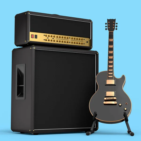 Classical amplifier with electric or acoustic guitar on stand isolated on blue background. 3d render of amplifier for recording bass guitar in studio or rehearsal room, concept for rock festival poste