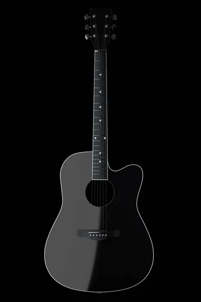 Close-up of acoustic guitar isolated on black background. 3d render of concept for rock festival poster with spanish guitar for music shop